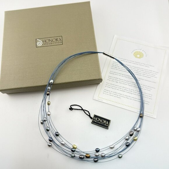 Honora Pearl Necklace Illusion Wire Blue Multi Color Gray Multi Strand Box - Picture 1 of 15